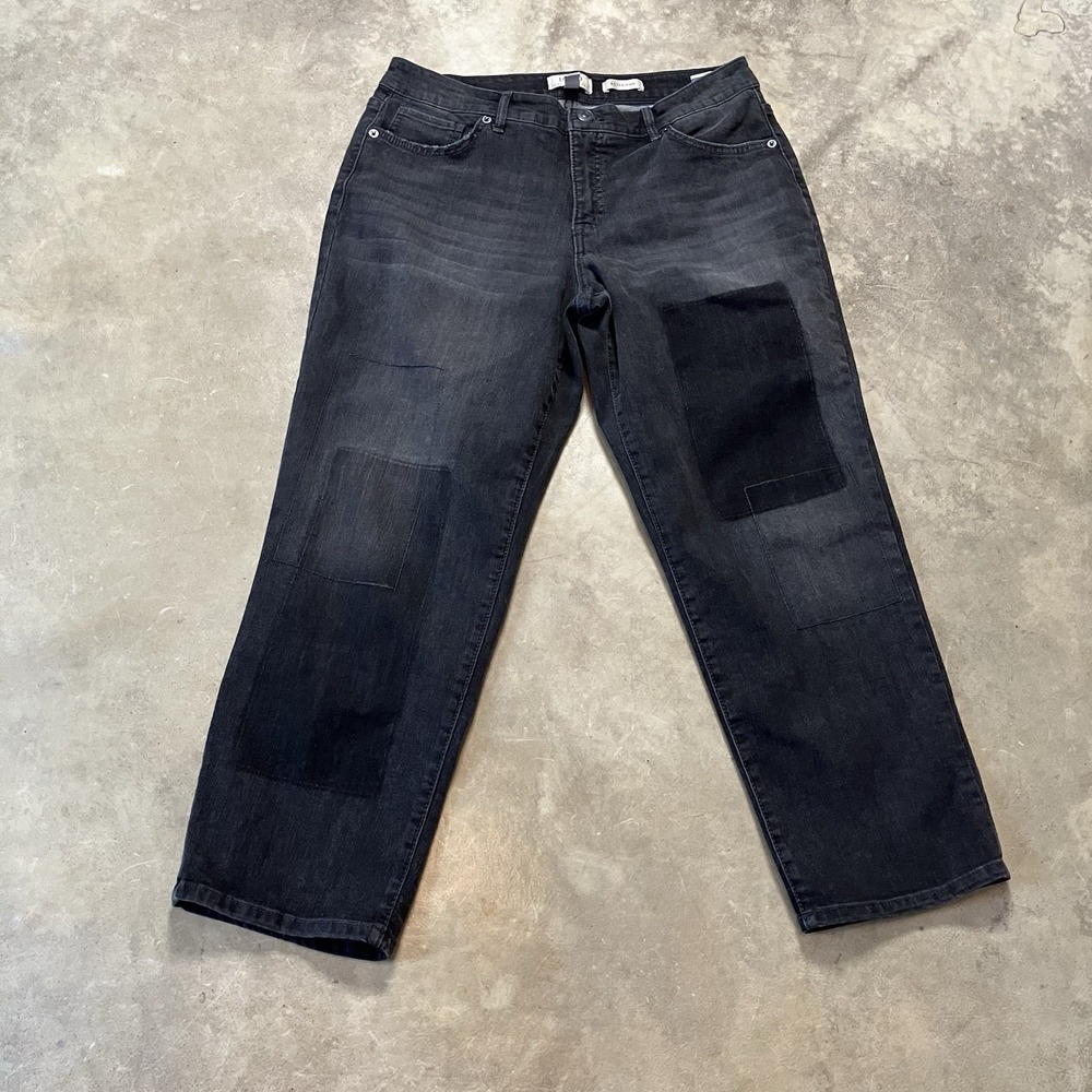 Logo Lori‎ Goldstein Jeans Womens Size 12P Black Patchwork Wide Leg Boyfriend